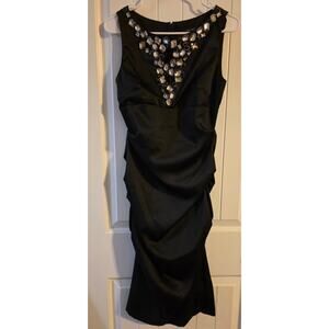 Blu Sage Sleeveless Black Satin Jeweled Rusched Dress Size 6 ❤️